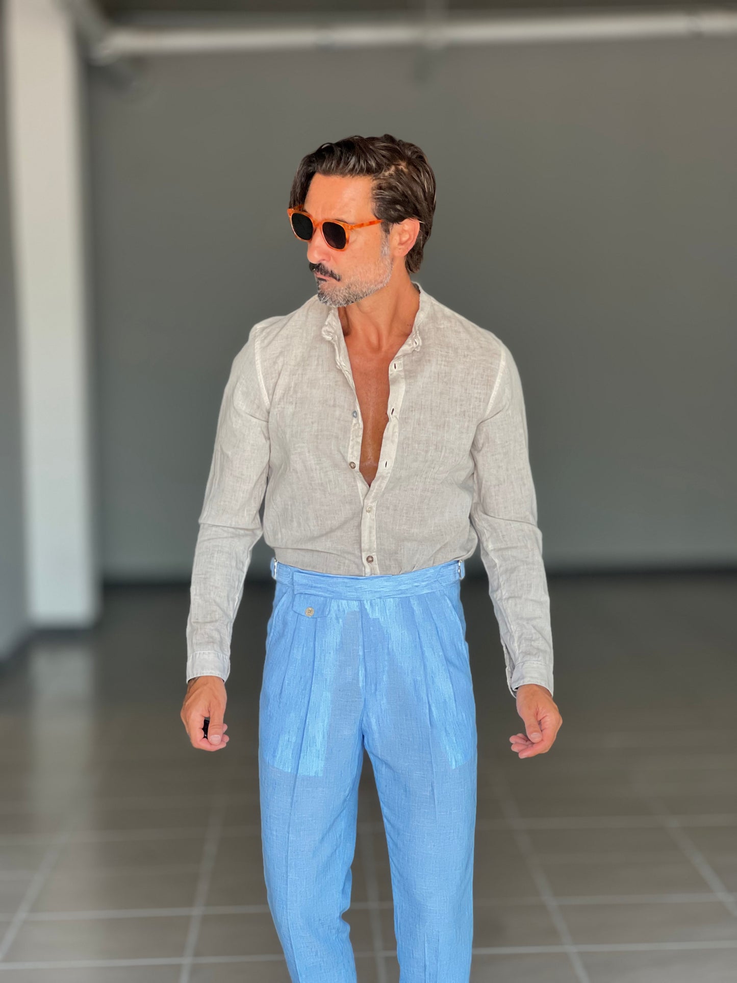 PANTALONE CELESTE VITA ALTA LINO E MISTI