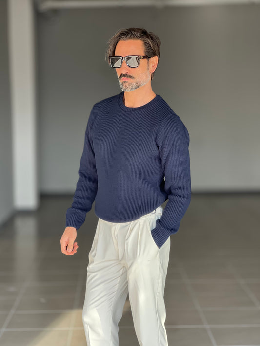 BLUE THREAD COTTON CREW NECK SWEATER