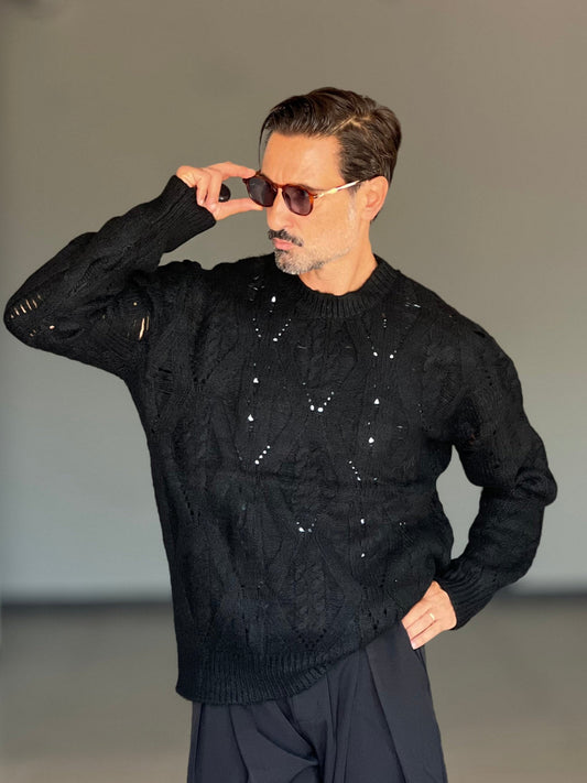 BLUE THREAD COTTON CREW NECK SWEATER