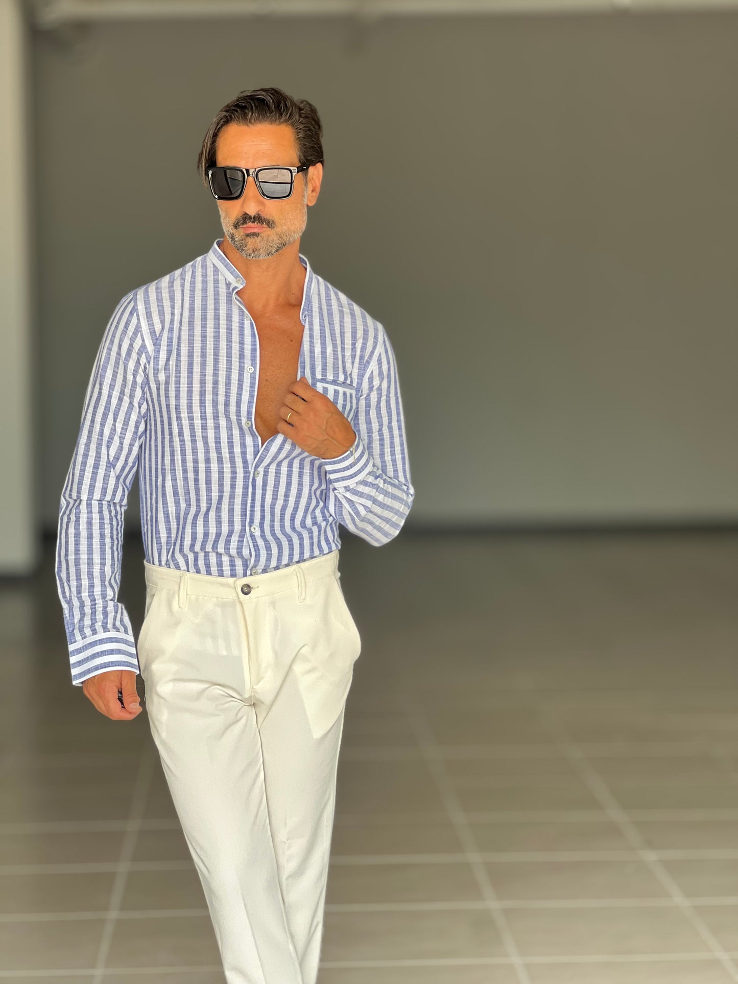 CAMICIA LINO BIANCA E BLU BACCHETTA