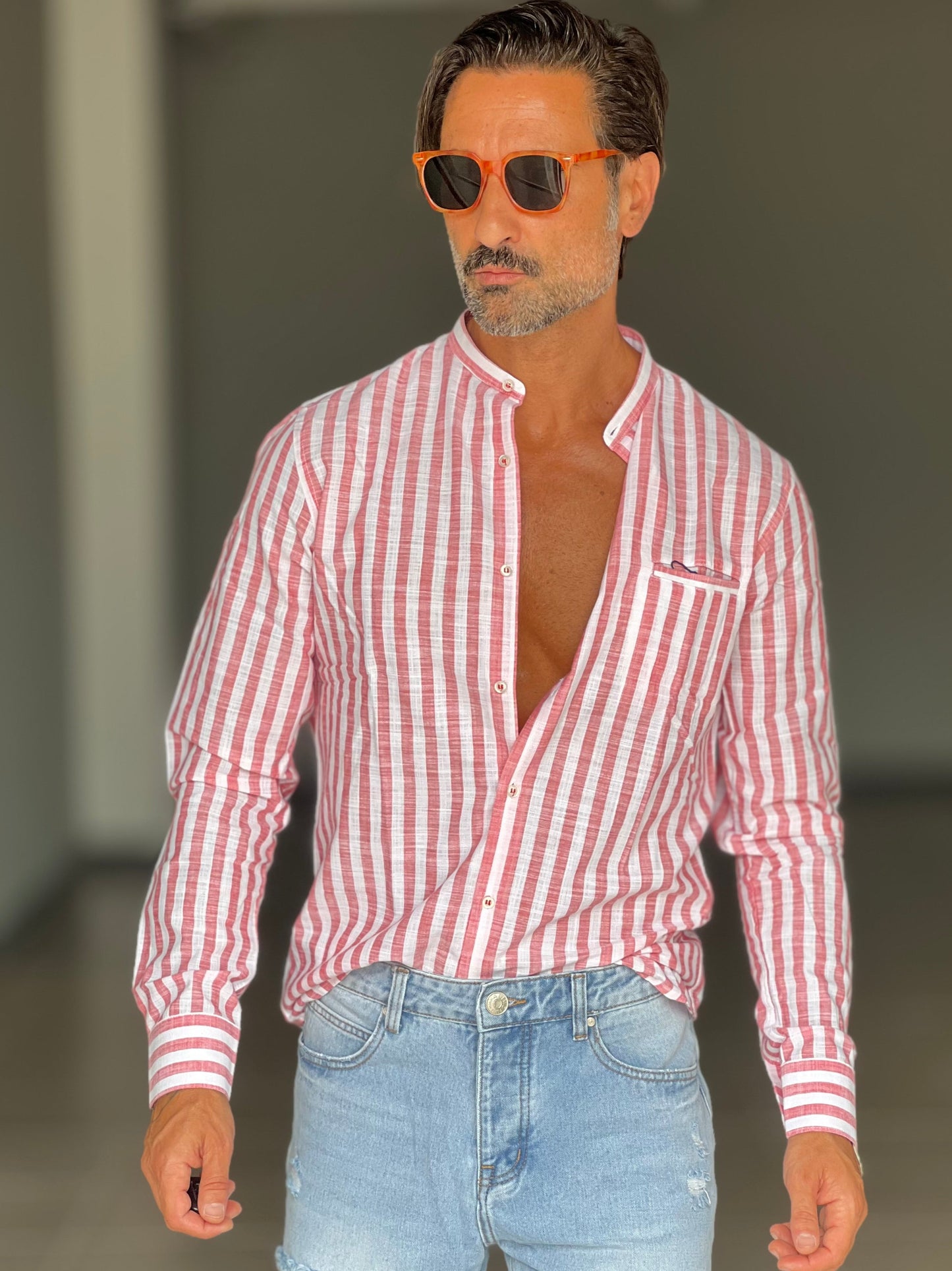 CAMICIA LINO BIANCA E ROSSA BACCHETTA