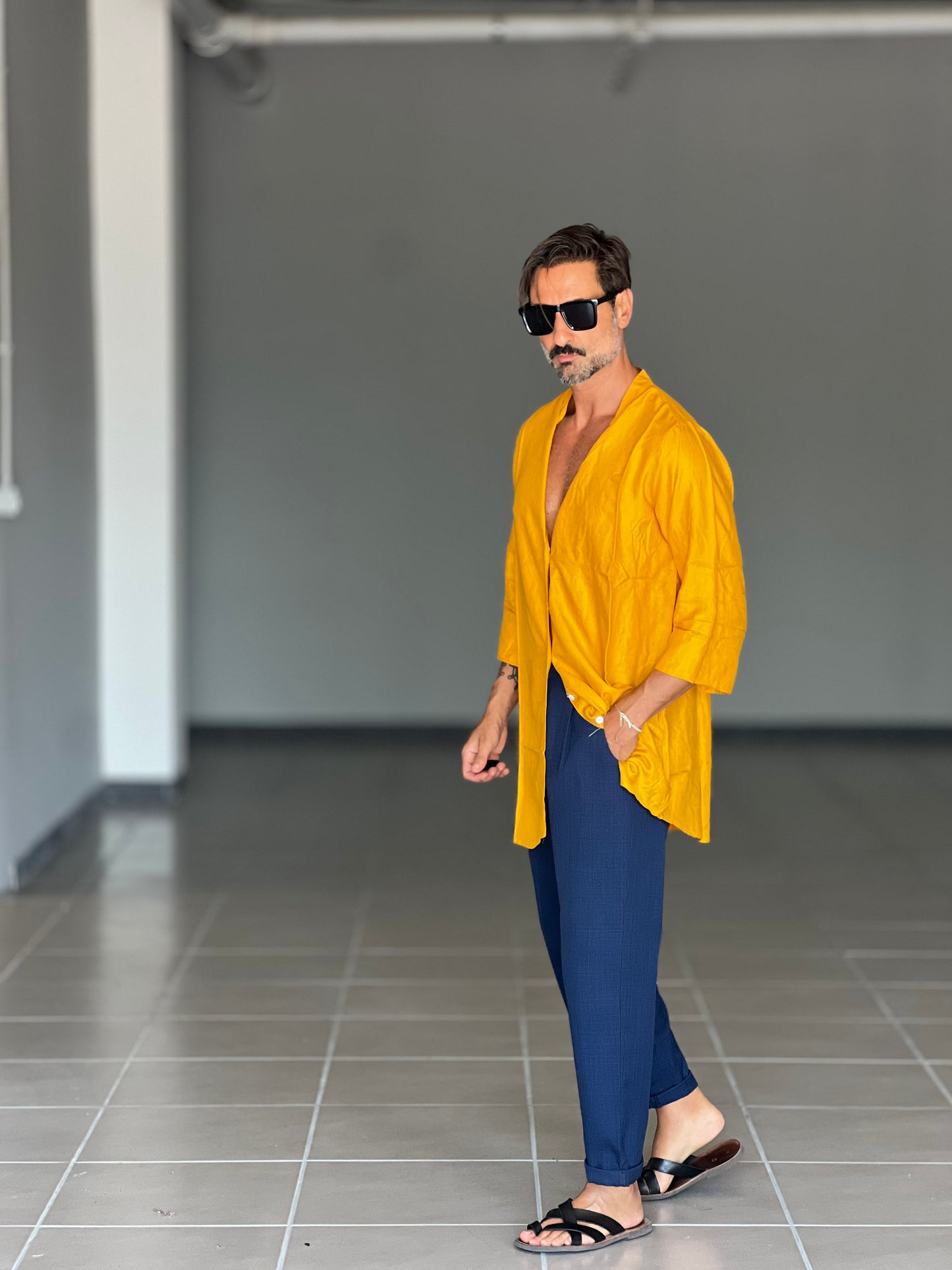 CAMICIA OCRA VISCOSA E LINO UNISEX TAGLIA UNICA OVER
