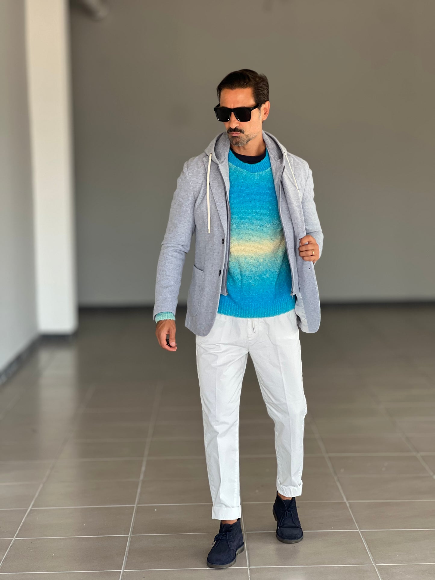MAGLIA GIRO DEGRADE' TURCHESE E PANNA