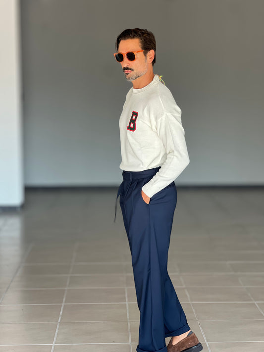 BLUE THREAD COTTON CREW NECK SWEATER