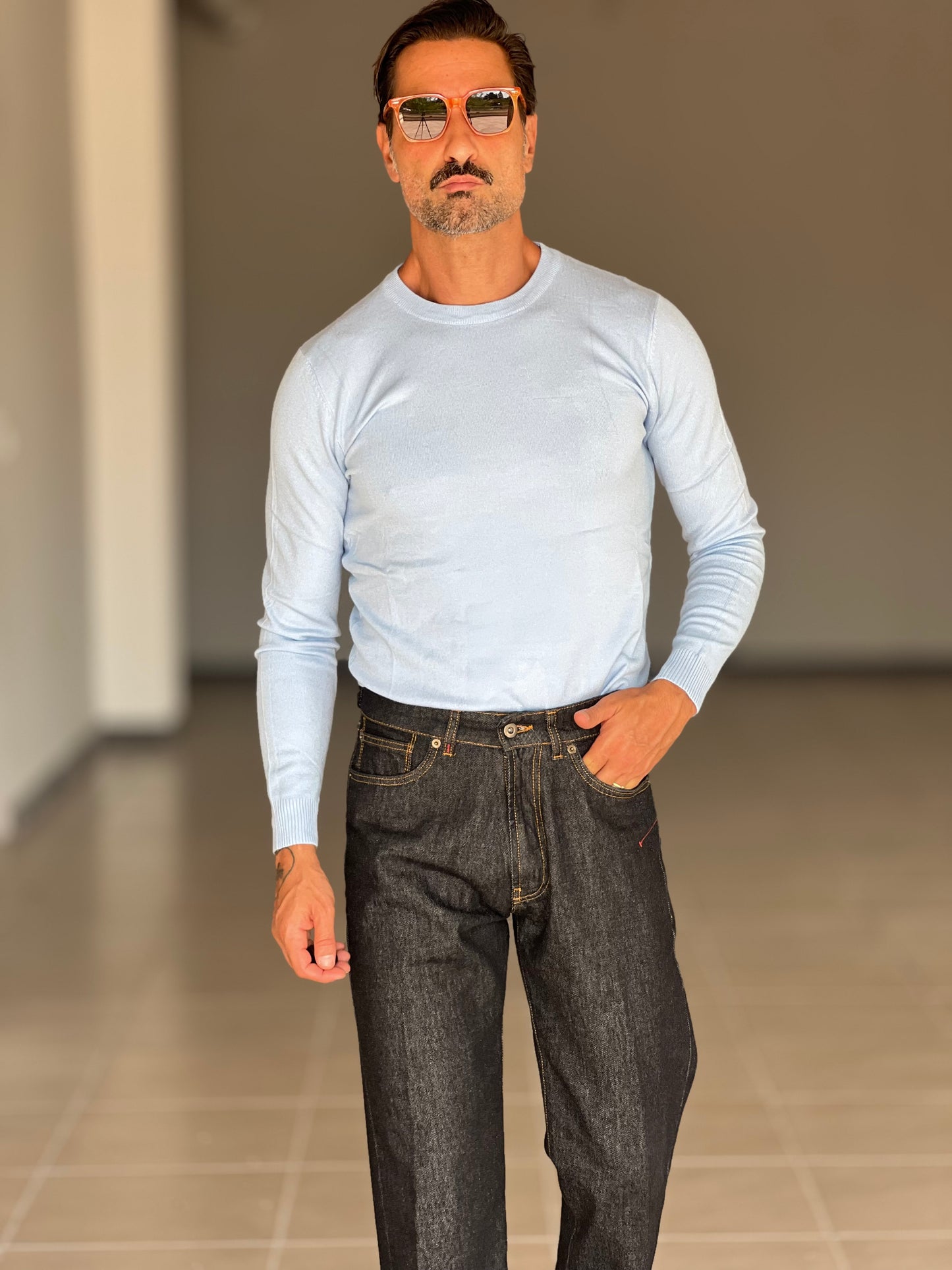 MAGLIA GIRO CELESTE VISCOSA E MISTI