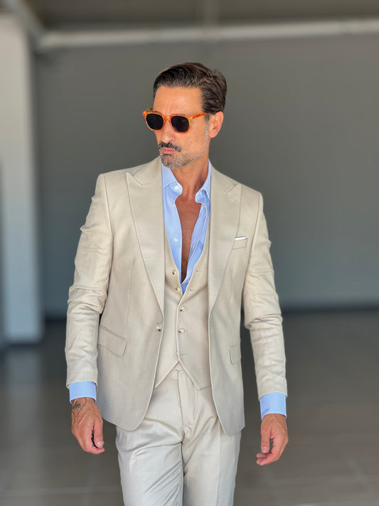 ABITO LANA E MISTI BEIGE 3 PEZZI GILET REVERSIBILE