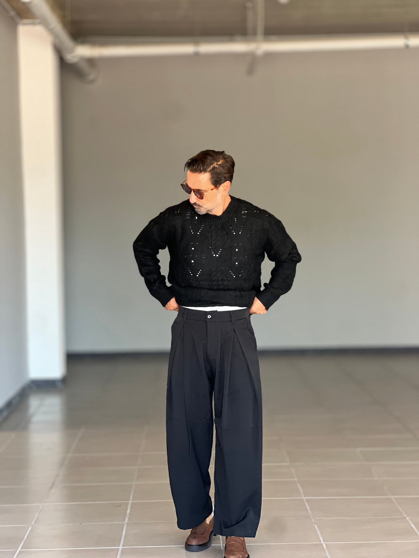 PANTALONE FONDO AMPIO NERO DOPPIA PINCES