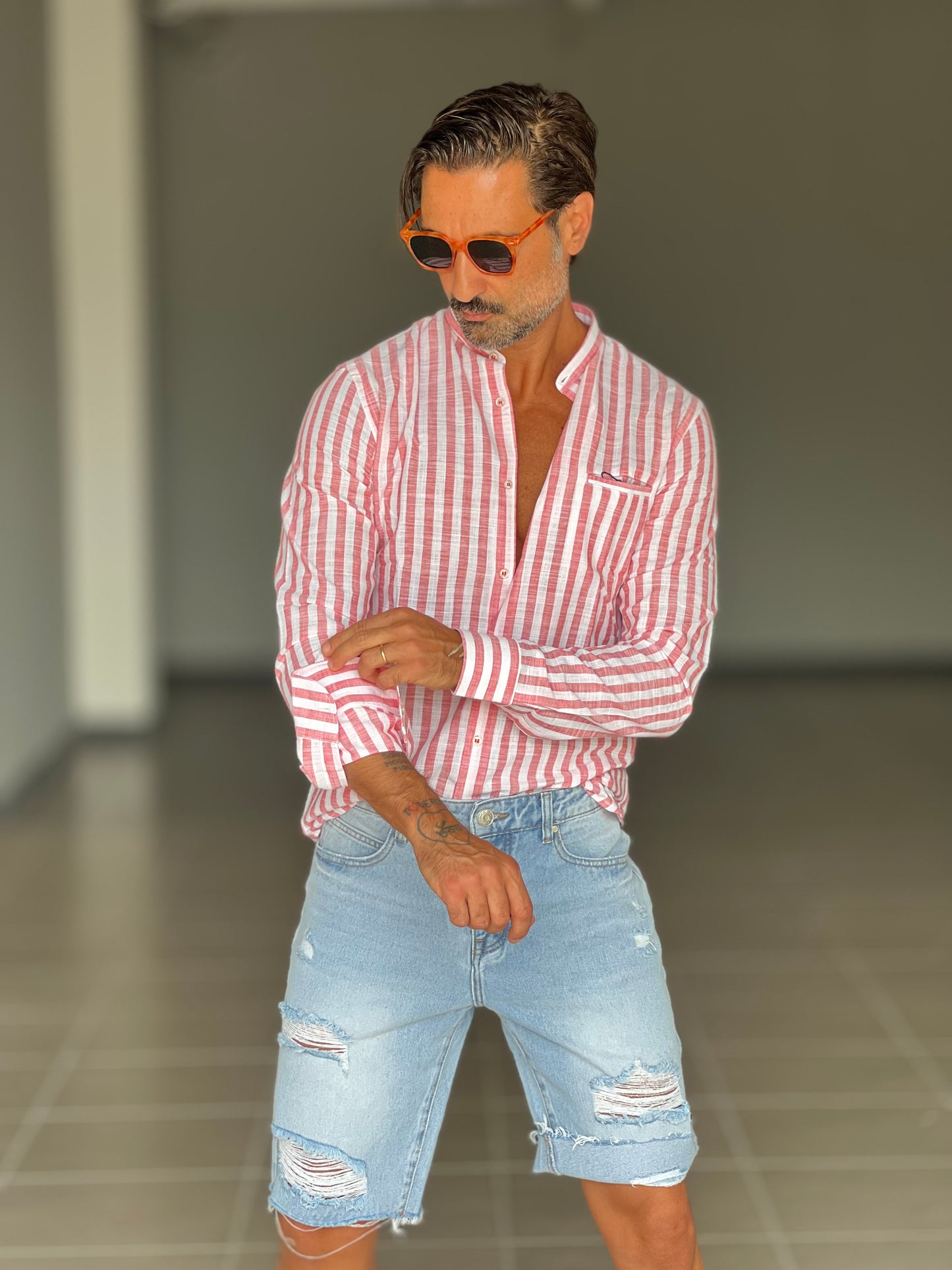 CAMICIA LINO BIANCA E ROSSA BACCHETTA