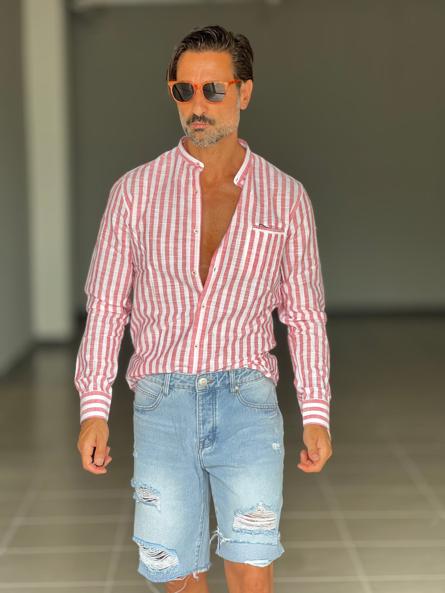CAMICIA LINO BIANCA E ROSSA BACCHETTA