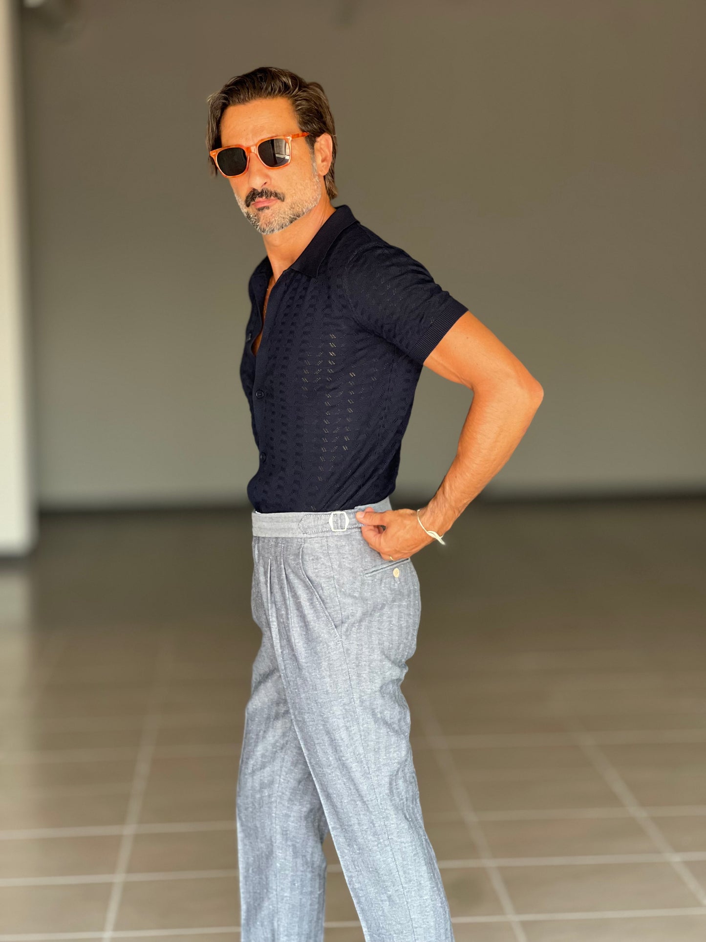 PANTALONE SPINATO BLU VITA ALTA LINO E MISTI