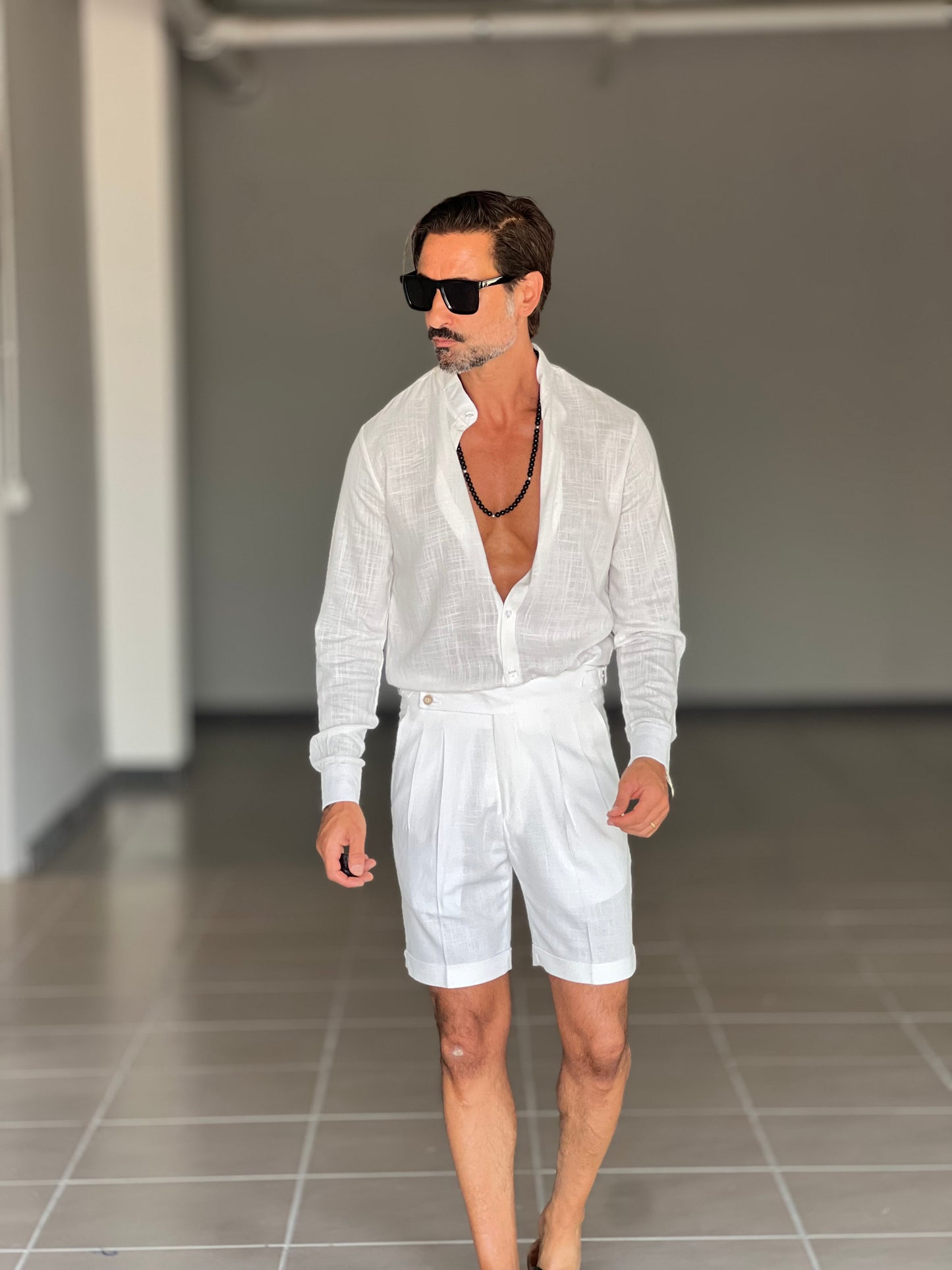 BERMUDA BIANCO LINO E VISCOSA VITA ALTA