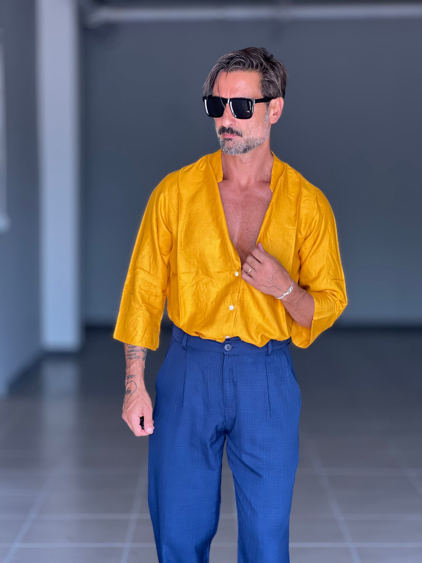 CAMICIA OCRA VISCOSA E LINO UNISEX TAGLIA UNICA OVER