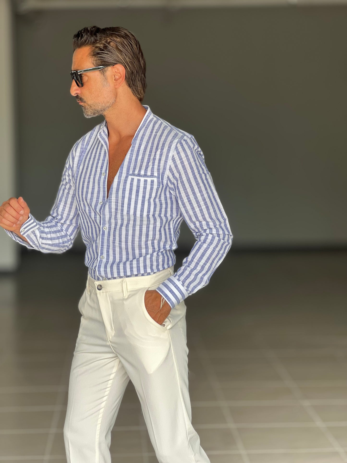 CAMICIA LINO BIANCA E BLU BACCHETTA
