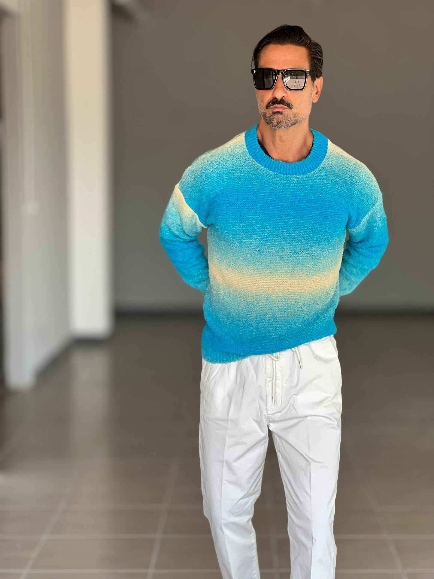 MAGLIA GIRO DEGRADE' TURCHESE E PANNA