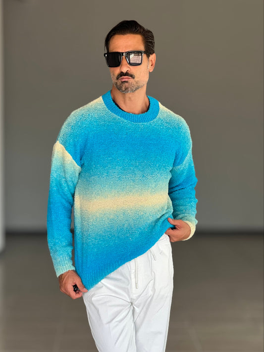 MAGLIA GIRO DEGRADE' TURCHESE E PANNA