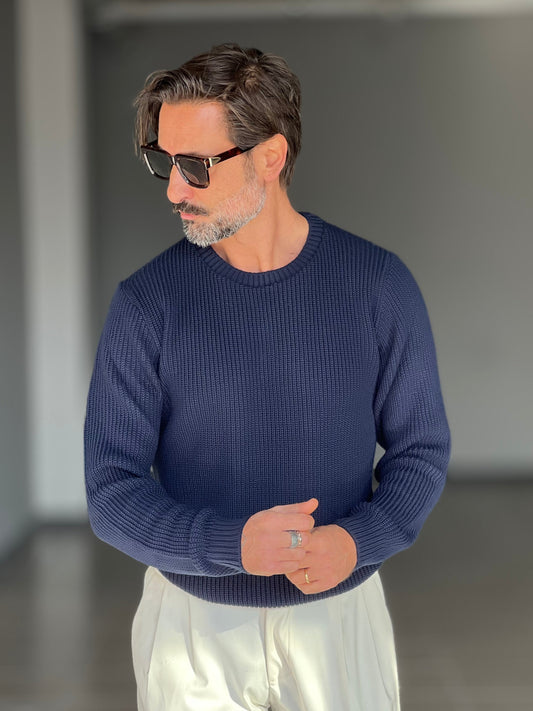 BLUE THREAD COTTON CREW NECK SWEATER