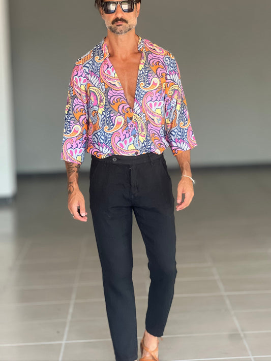 PANTALONE ESTIVO NERO LINO GARZATO