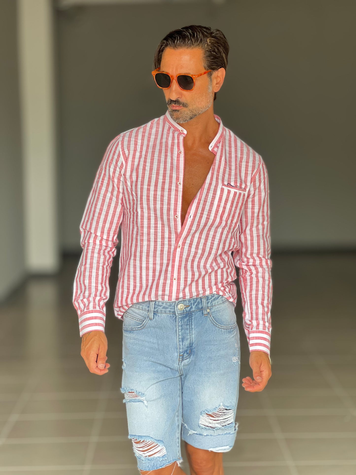 CAMICIA LINO BIANCA E ROSSA BACCHETTA