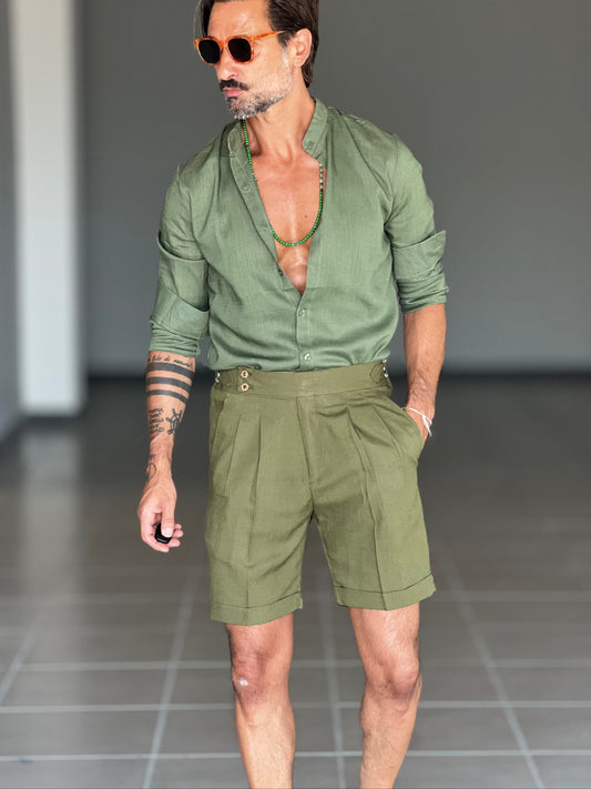 BERMUDA VERDE LINO E VISCOSA VITA ALTA