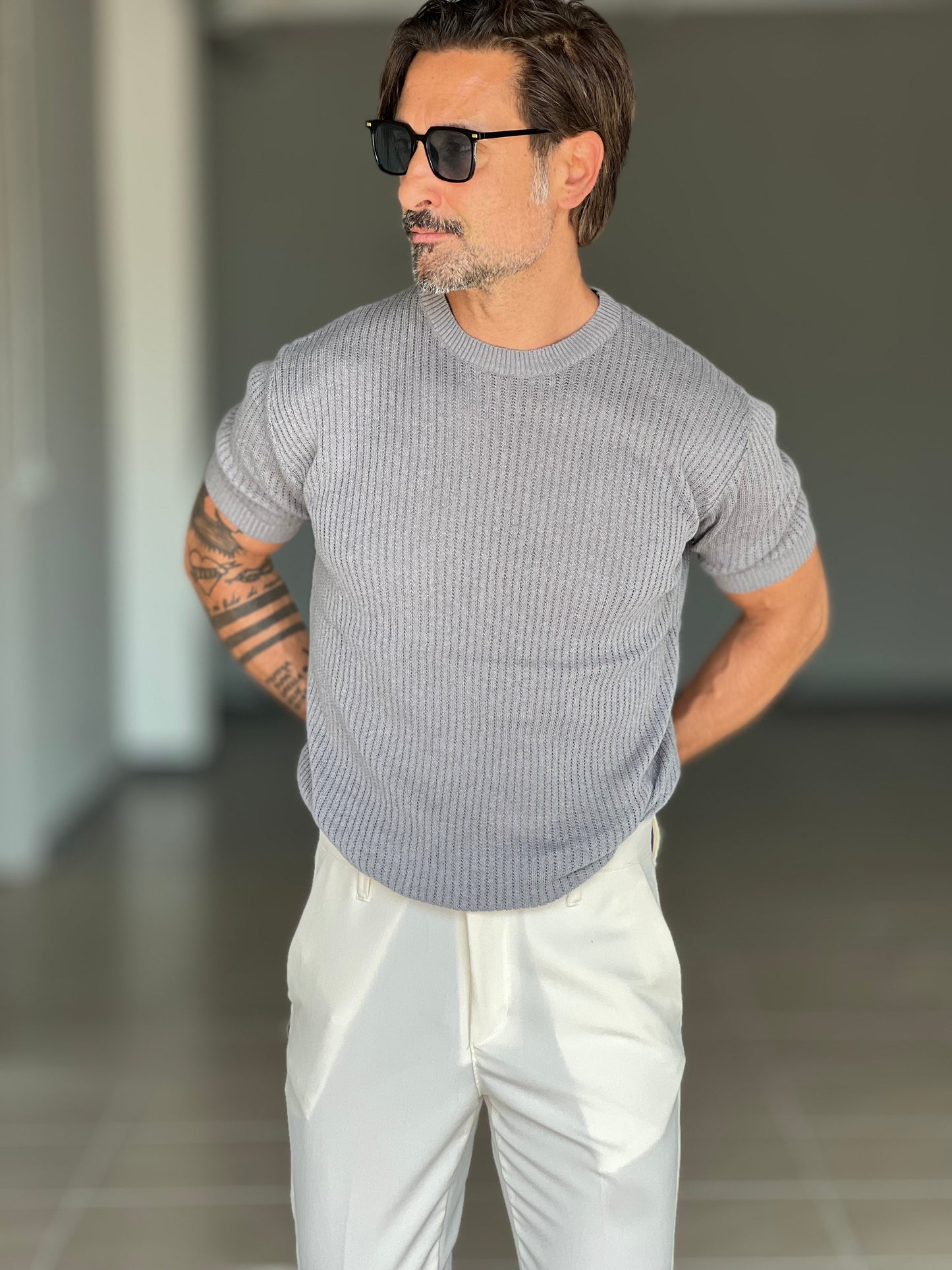BLUE THREAD COTTON CREW NECK SWEATER