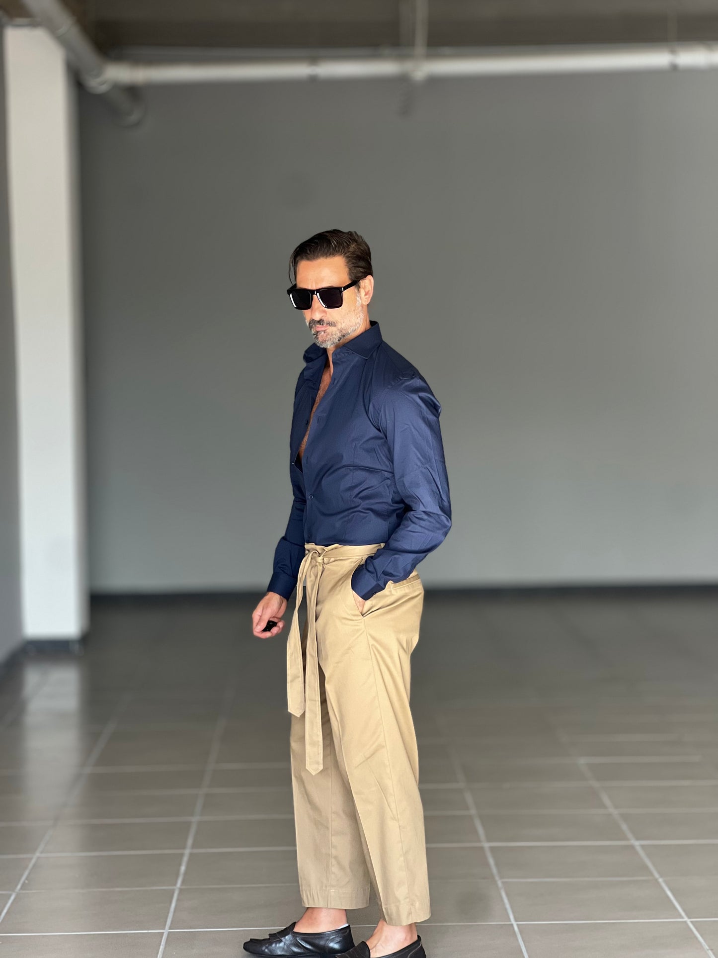 CAMICIA BLU COTONE COLLO ITALIANO STRECH
