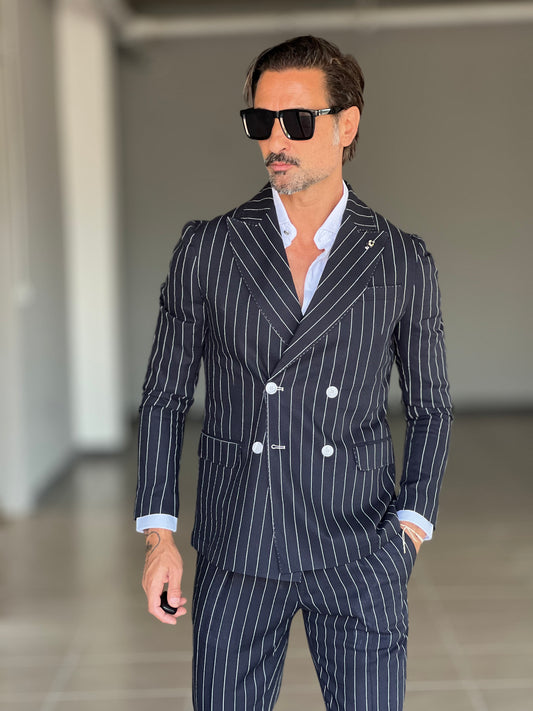 ABITO LINO BLU GESSATO DOPPIOPETTO