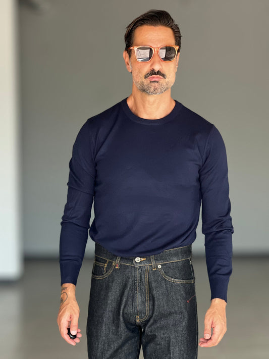 BLUE THREAD COTTON CREW NECK SWEATER