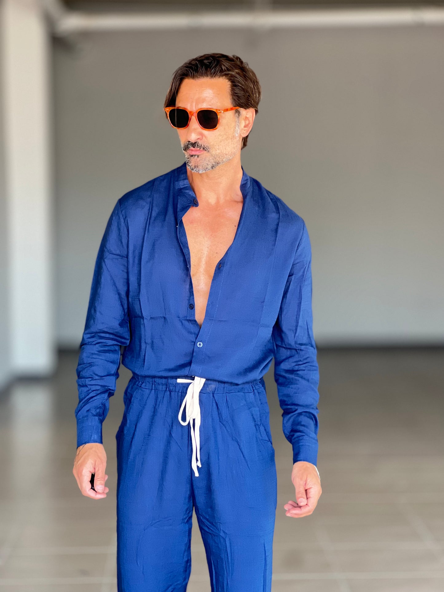 CAMICIA BLU COREANA MISTO LINO