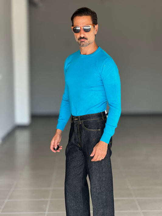BLUE THREAD COTTON CREW NECK SWEATER