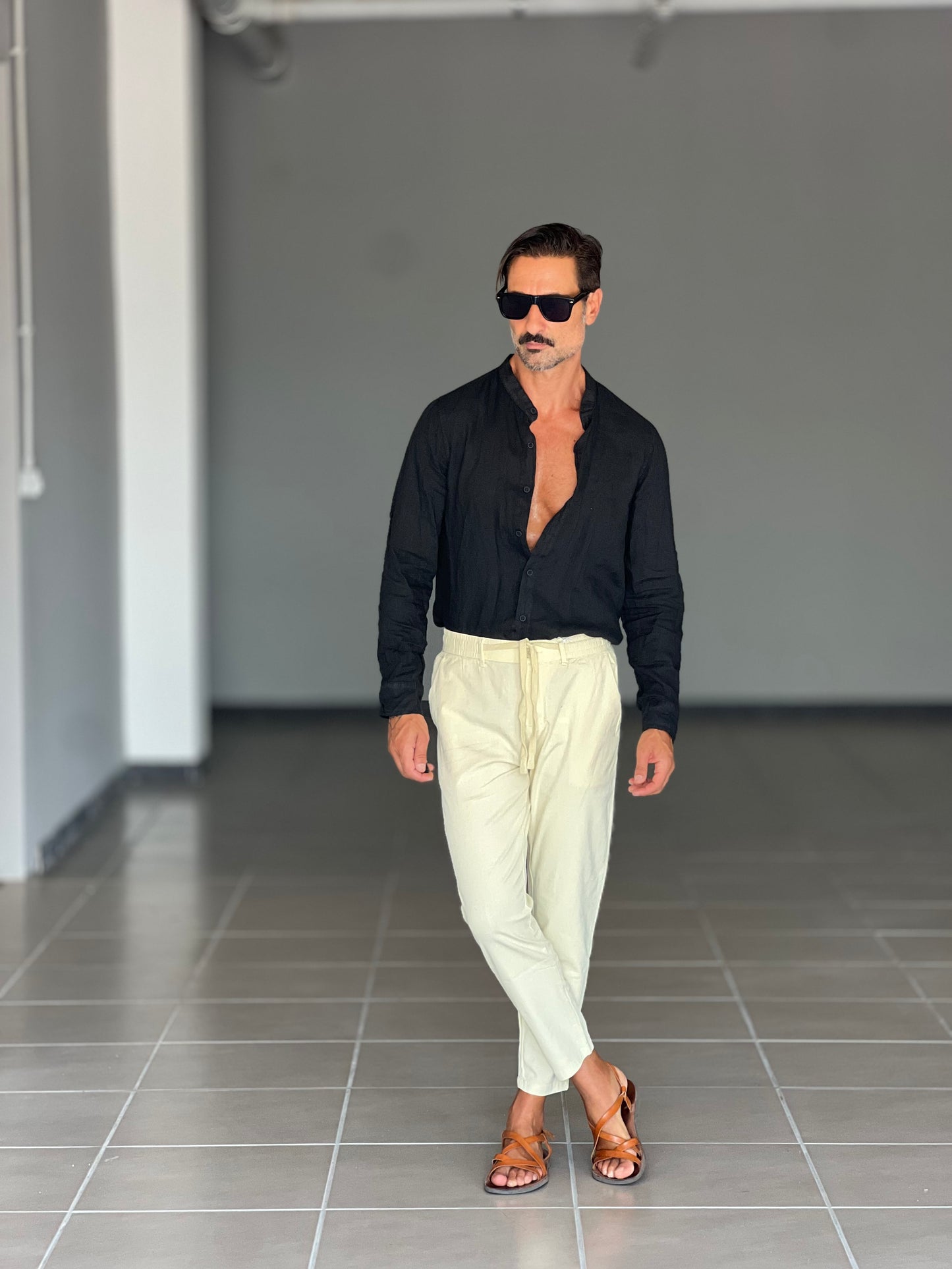CAMICIA LINO GARZATO NERA COREANA