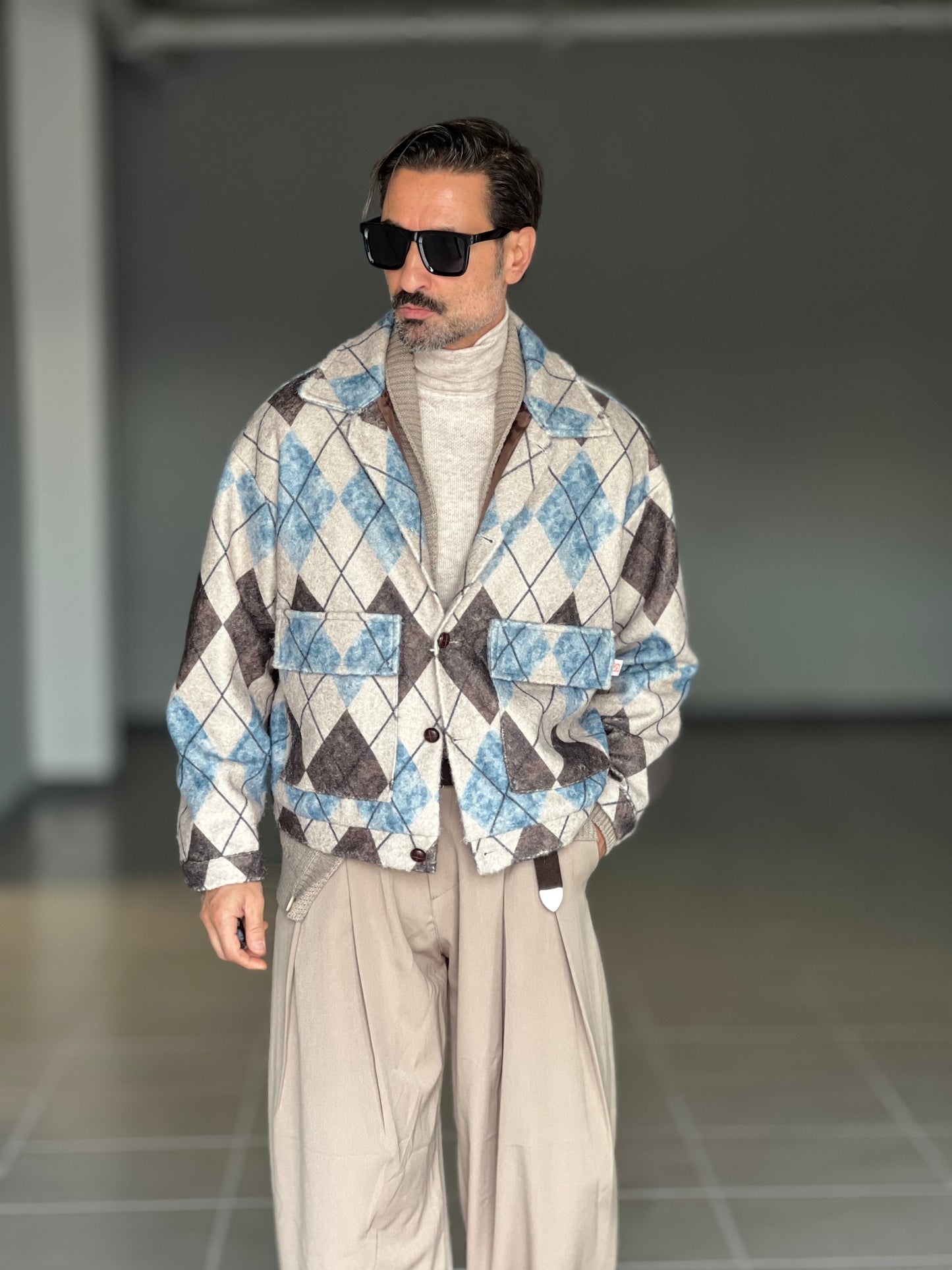 FILL JACKET ROMBO MORO PANNA E CELESTE CROP