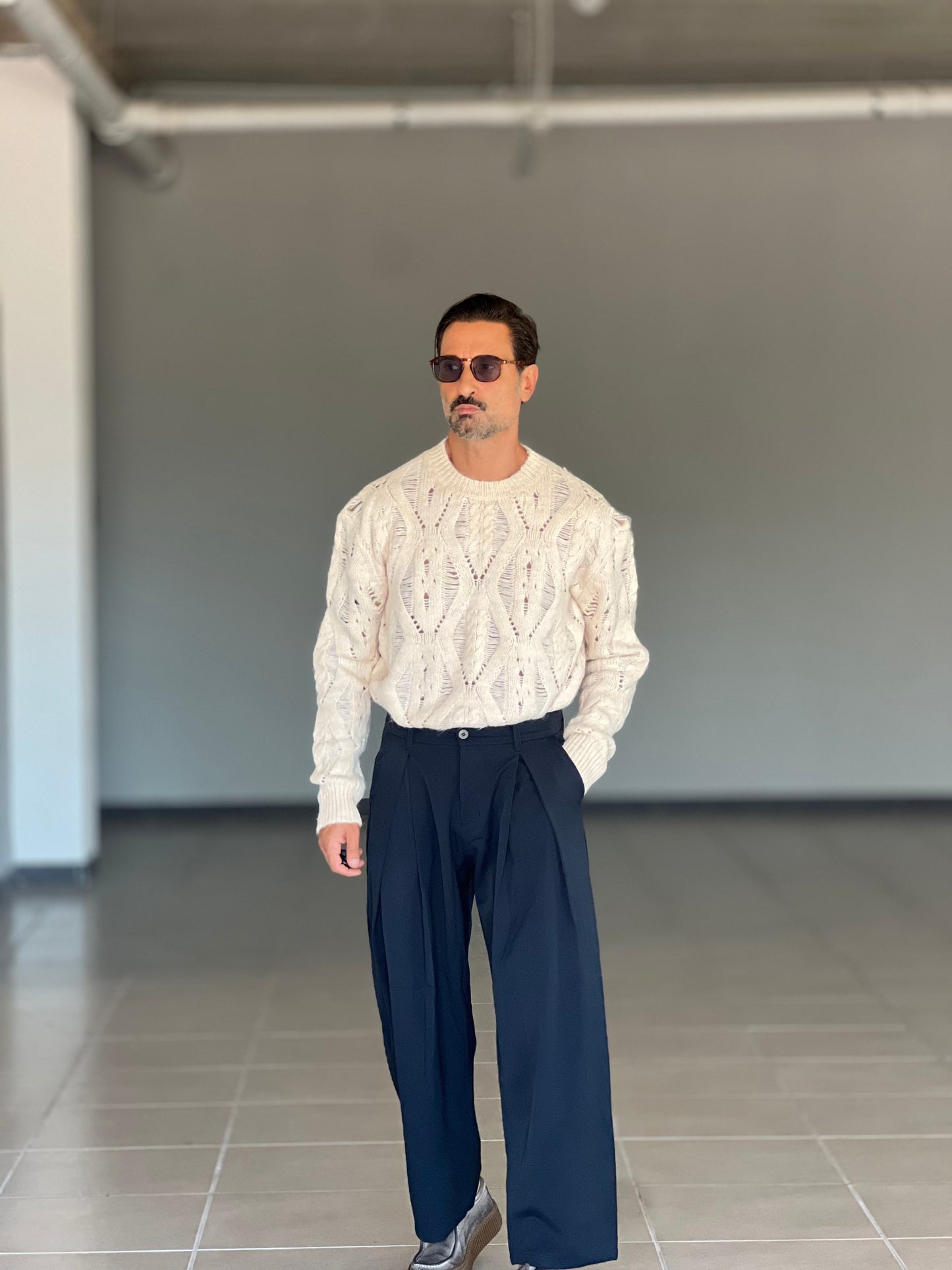 PANTALONE FONDO AMPIO BLU DOPPIA PINCES