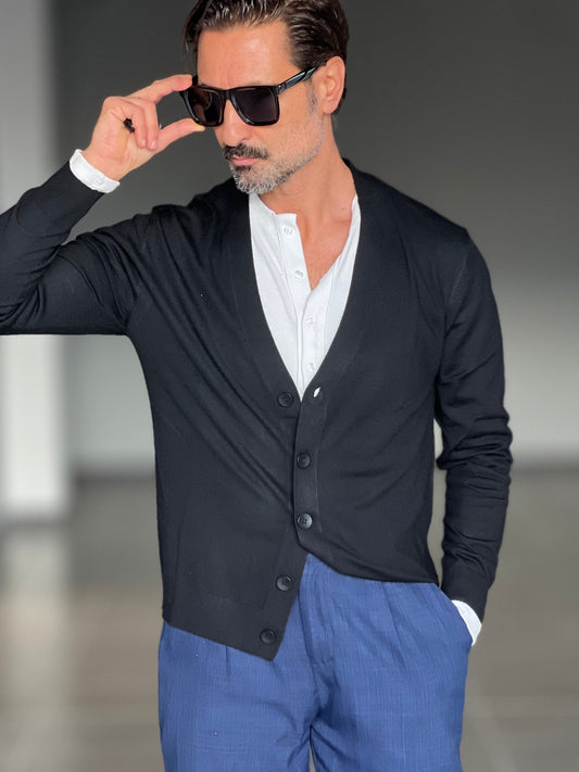 CARDIGAN NERO RASATO 2 FILI SOTTOGIACCA