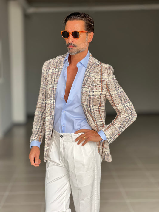 GIACCA XAGON TARTAN GRANDE BEIGE LAVORAZIONE OPERATA