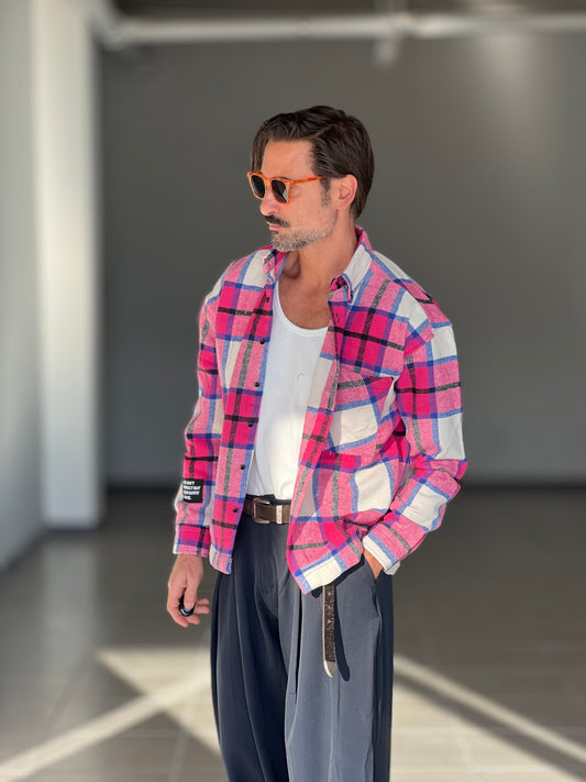 CAMICIA FLANELLA TARTAN ROSA E PANNA