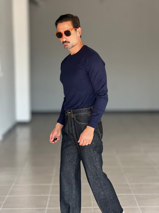 BLUE THREAD COTTON CREW NECK SWEATER