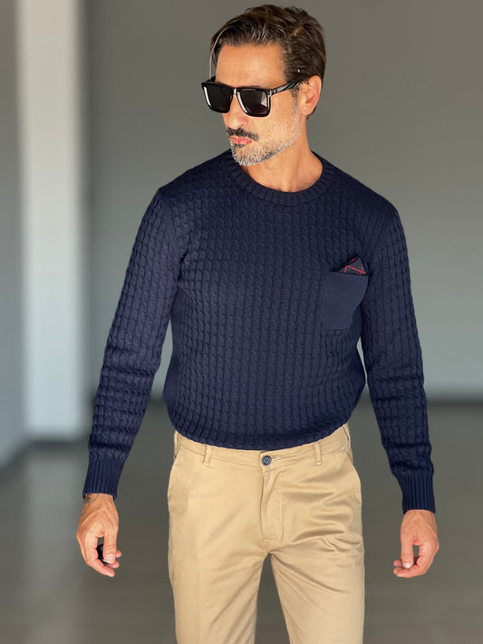 BLUE THREAD COTTON CREW NECK SWEATER