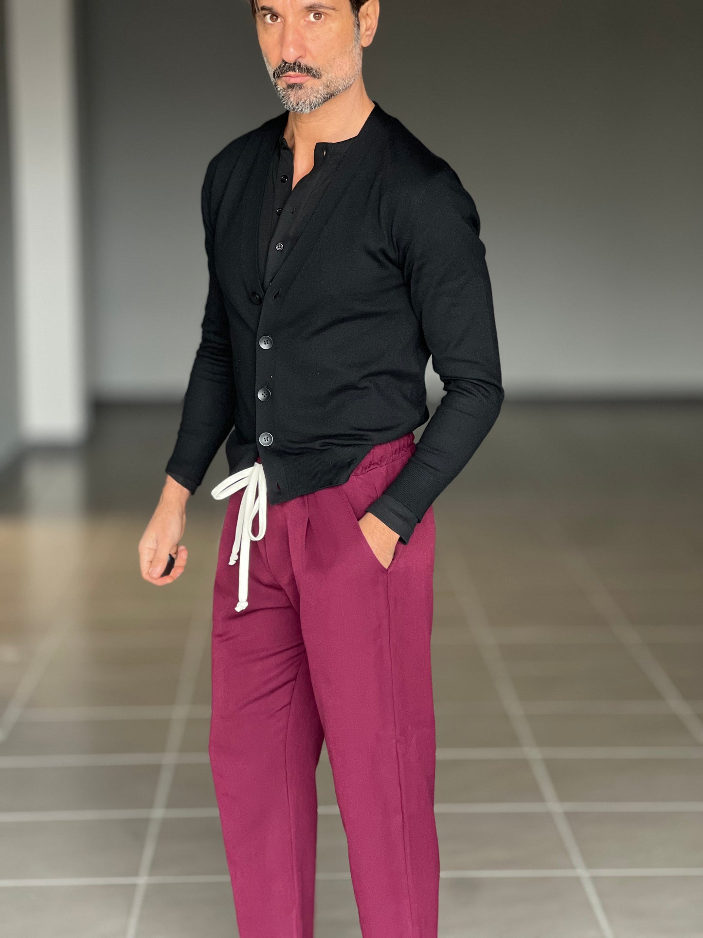 PANTALACCIO COLOR PRUGNA LACCIO A CONTRASTO VISCOSA E MISTI