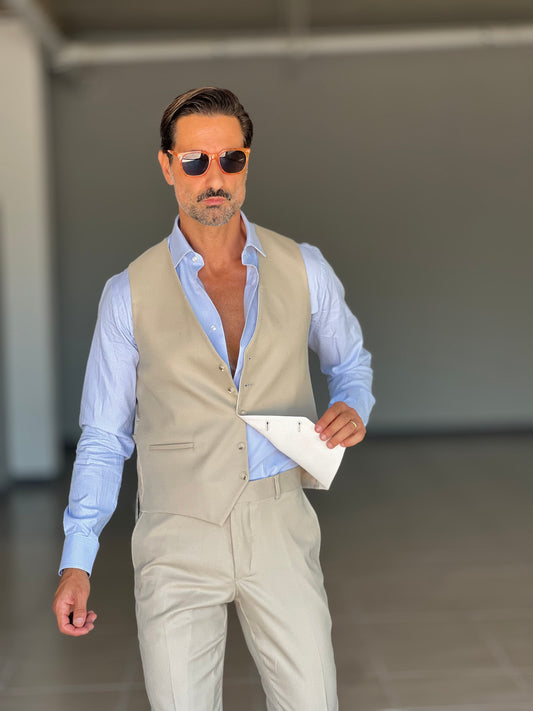 ABITO LANA E MISTI BEIGE 3 PEZZI GILET REVERSIBILE