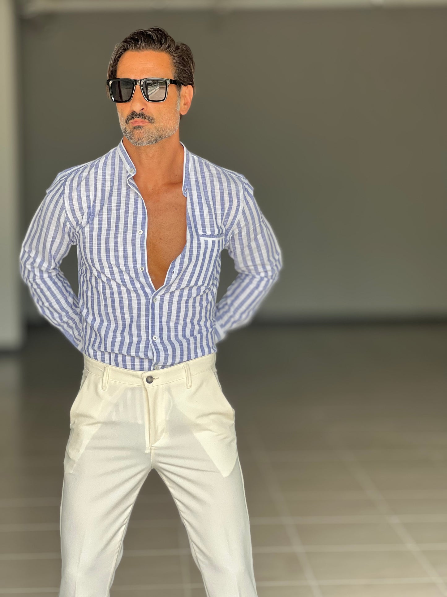 CAMICIA LINO BIANCA E BLU BACCHETTA