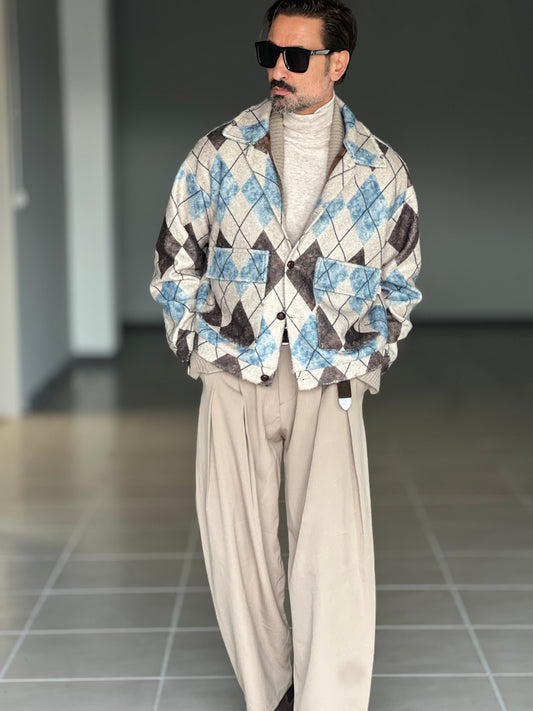 FILL JACKET ROMBO MORO PANNA E CELESTE CROP