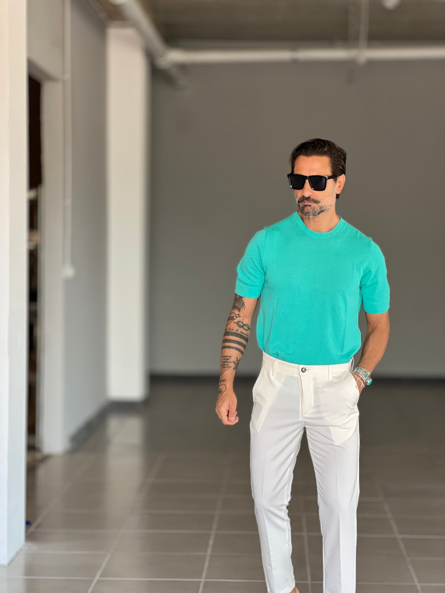 BLUE THREAD COTTON CREW NECK SWEATER