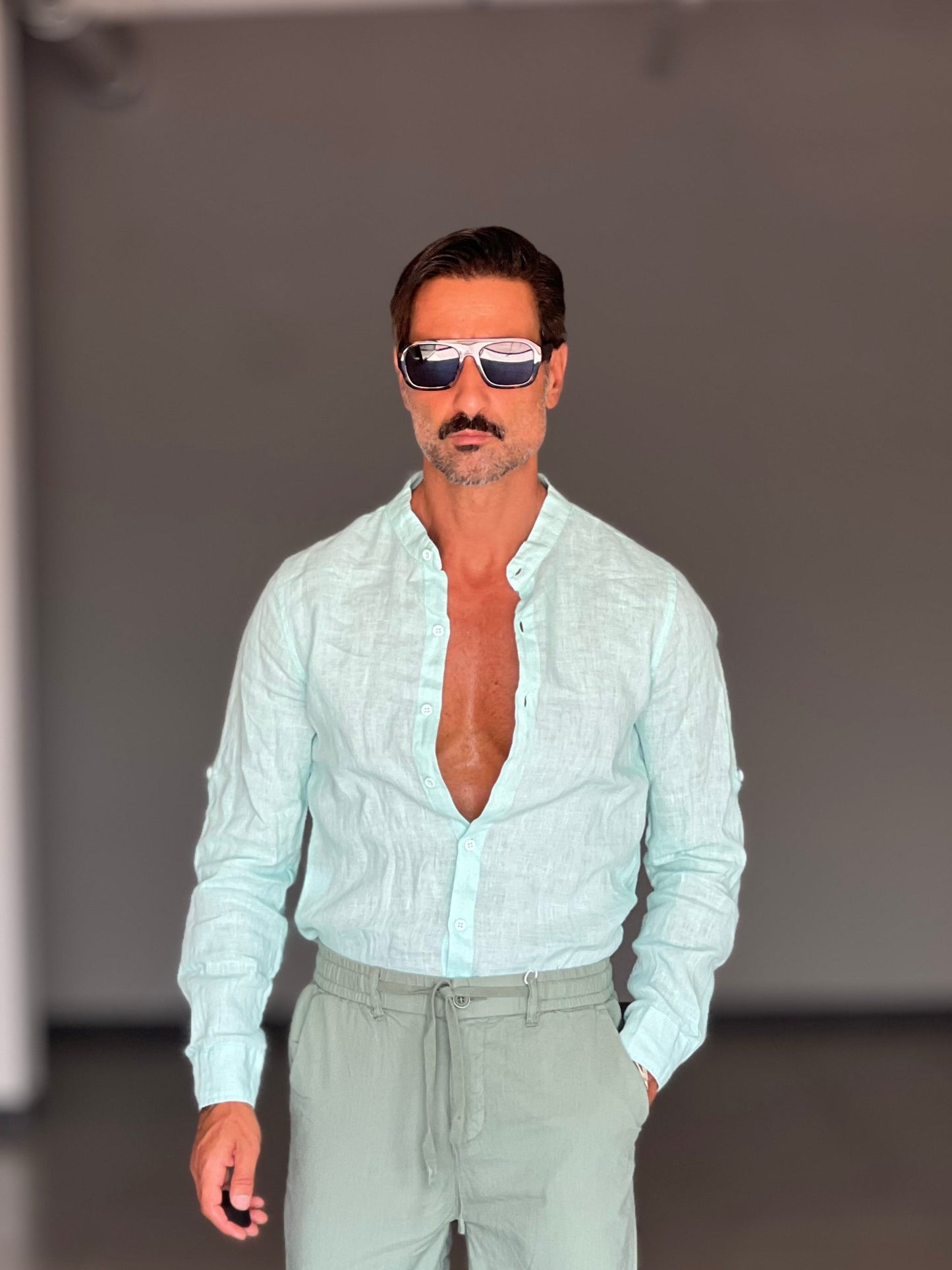 CAMICIA LINO GARZATO VERDE ACQUA COREANA