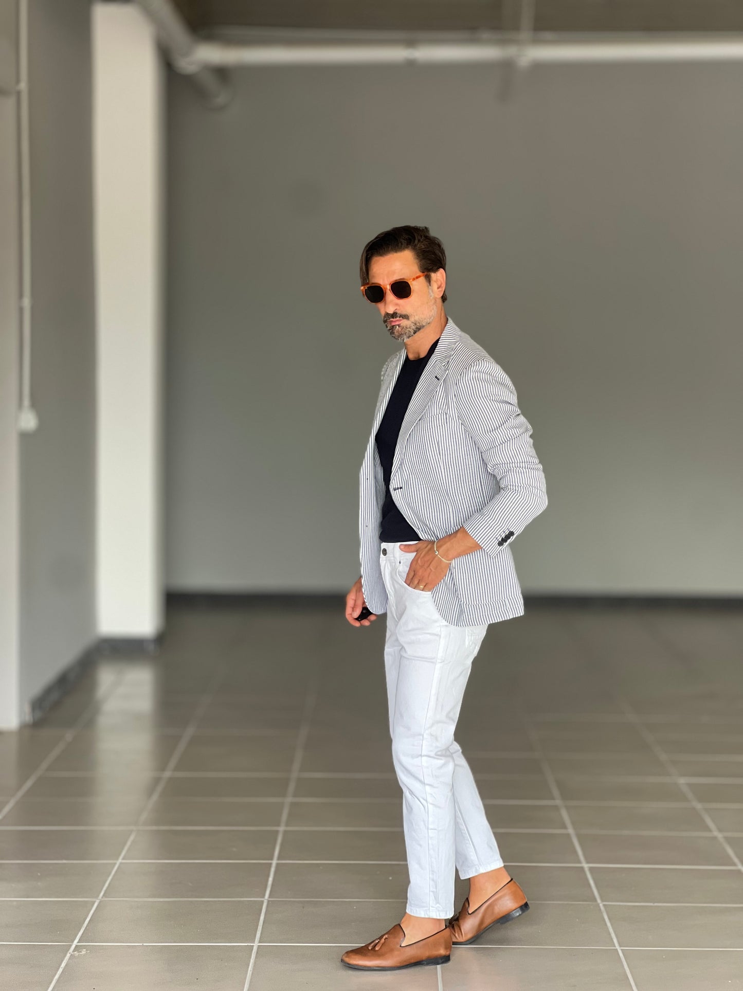 GIACCA LINO MILLERIGHE BLU MONOPETTO