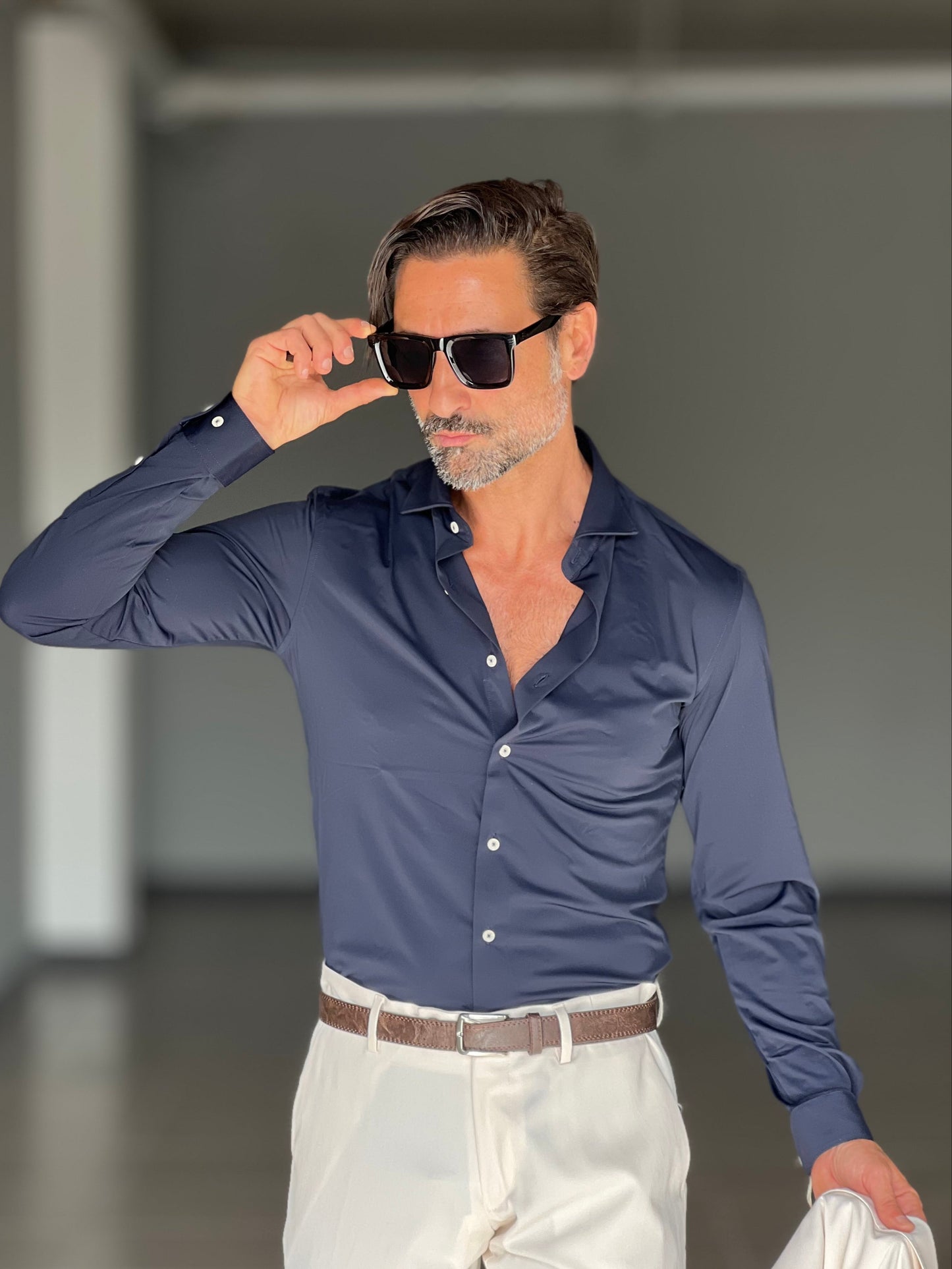 CAMICIA BLU COTONE COLLO ITALIANO MAGLINA