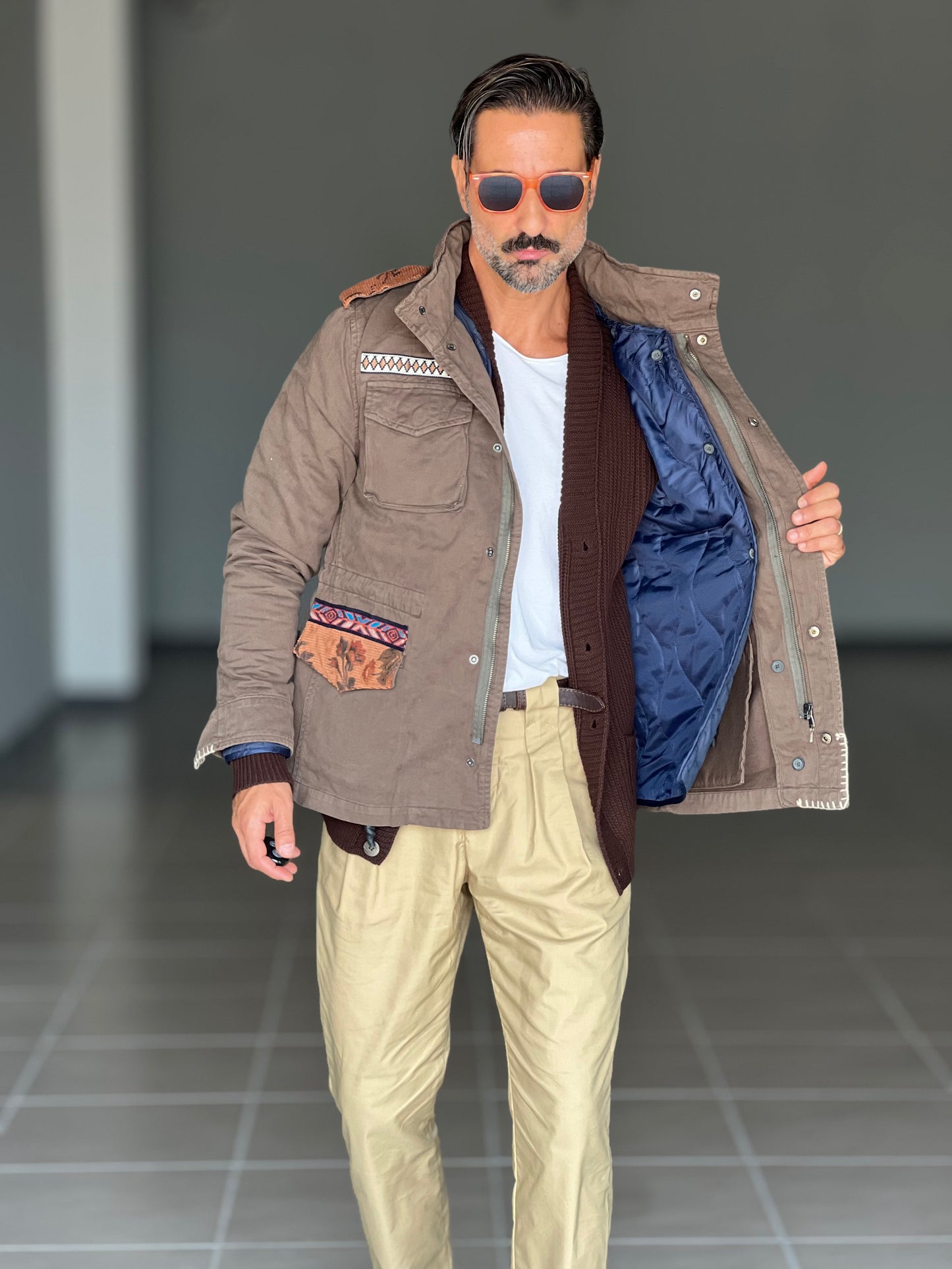FILL JACKET BL11 VERDE PATCH AZTECHE IMBOTTITA TASCHE