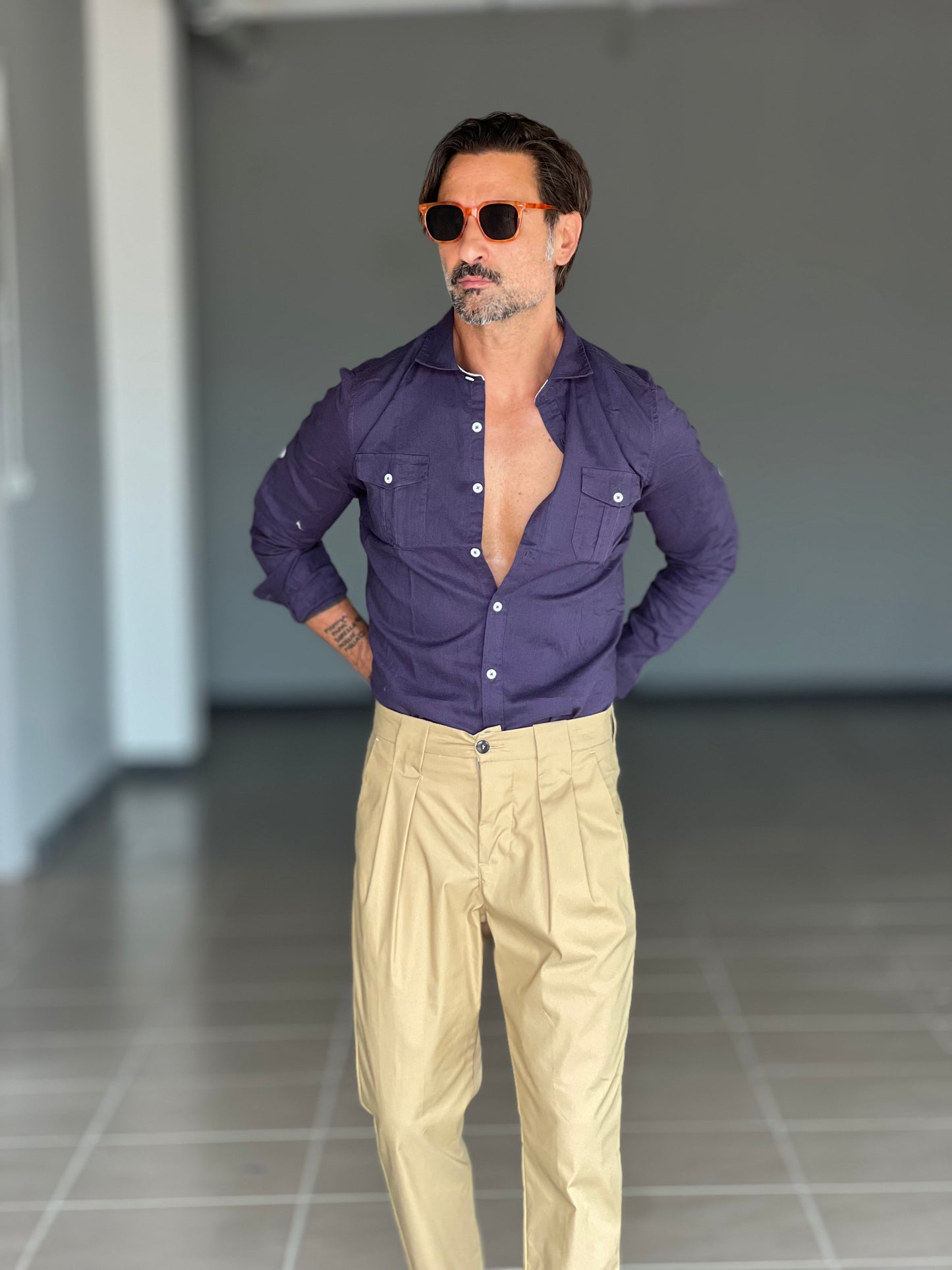 CAMICIA TEXANA BLU MISTO LINO