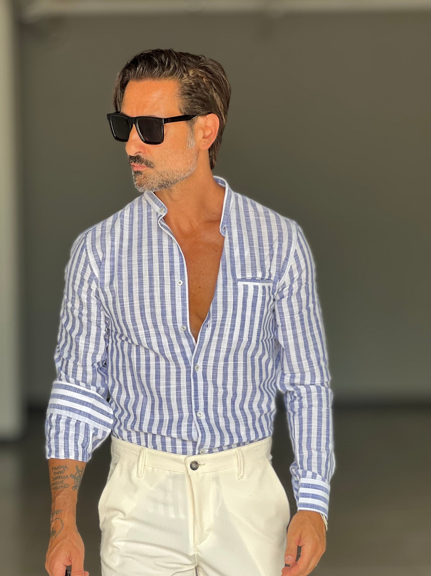 CAMICIA LINO BIANCA E BLU BACCHETTA