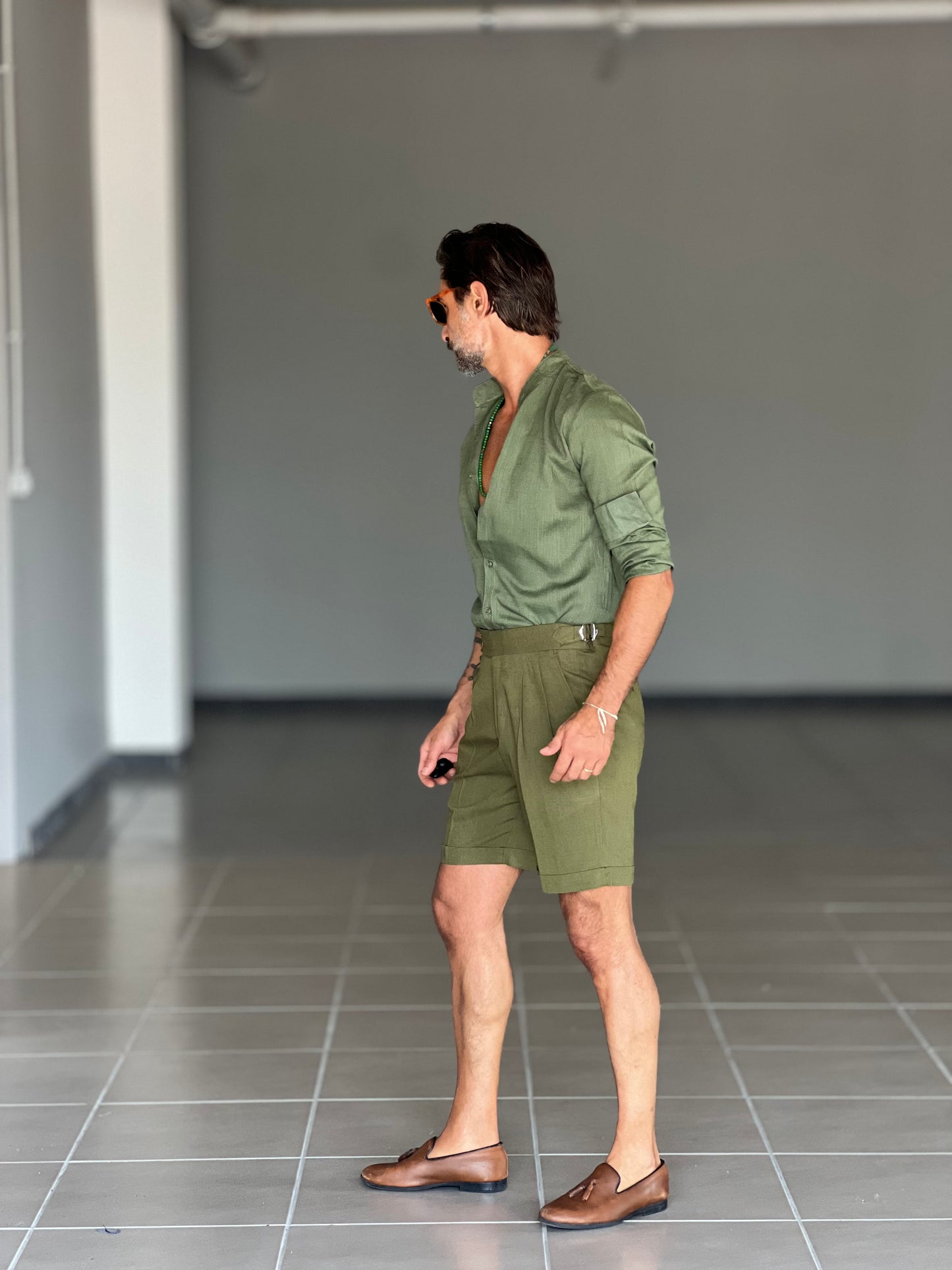 BERMUDA VERDE LINO E VISCOSA VITA ALTA
