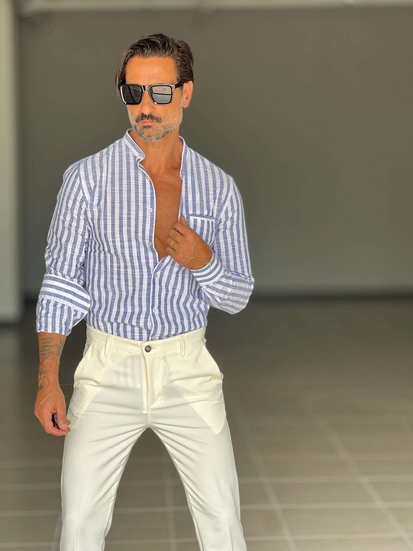 CAMICIA LINO BIANCA E BLU BACCHETTA